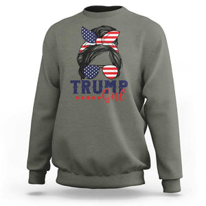 Trump Girl Sweatshirt Messy Bun Support Trump 2024 Election American Flag TS02 Military Green Print Your Wear