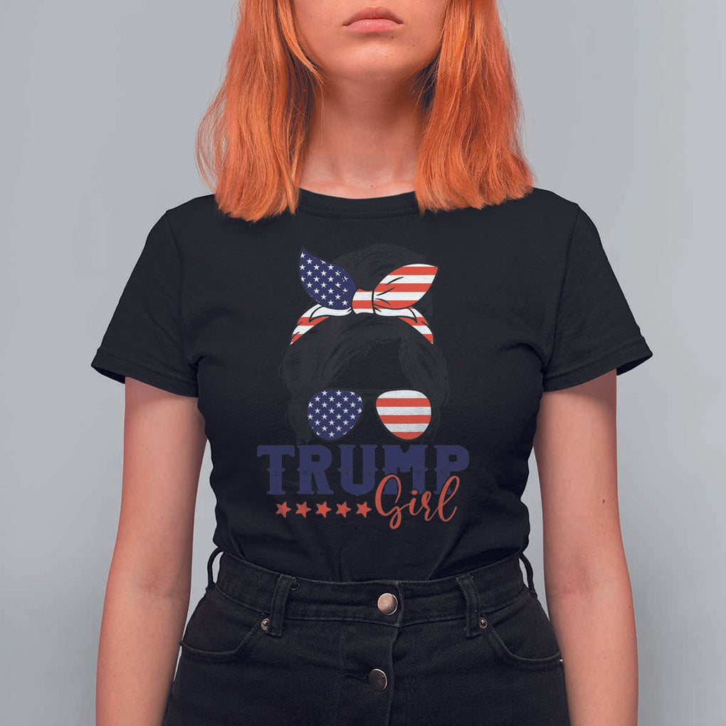 Trump Girl T Shirt For Women Messy Bun Support Trump 2024 Election American Flag TS02 Black Print Your Wear