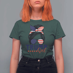 Trump Girl T Shirt For Women Messy Bun Support Trump 2024 Election American Flag TS02 Dark Forest Green Print Your Wear