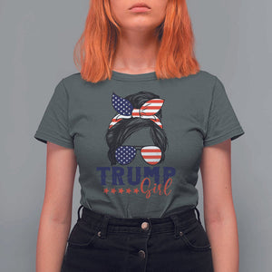 Trump Girl T Shirt For Women Messy Bun Support Trump 2024 Election American Flag TS02 Dark Heather Print Your Wear