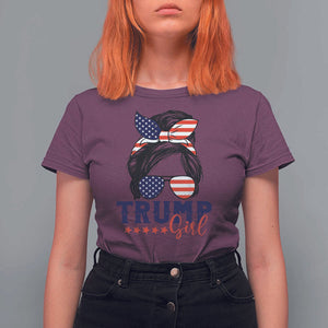 Trump Girl T Shirt For Women Messy Bun Support Trump 2024 Election American Flag TS02 Maroon Print Your Wear