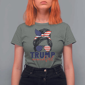 Trump Girl T Shirt For Women Messy Bun Support Trump 2024 Election American Flag TS02 Military Green Print Your Wear