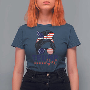 Trump Girl T Shirt For Women Messy Bun Support Trump 2024 Election American Flag TS02 Navy Print Your Wear