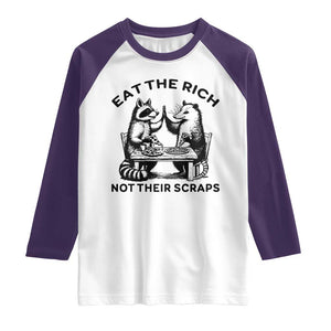 Funny Raccoon Possum Meme Raglan Shirt Eat The Rich Not Their Scraps Sarcasm Retro Minimalist TS02 White Purple Print Your Wear