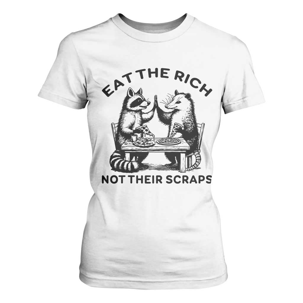 Funny Raccoon Possum Meme T Shirt For Women Eat The Rich Not Their Scraps Sarcasm Retro Minimalist TS02 White Print Your Wear