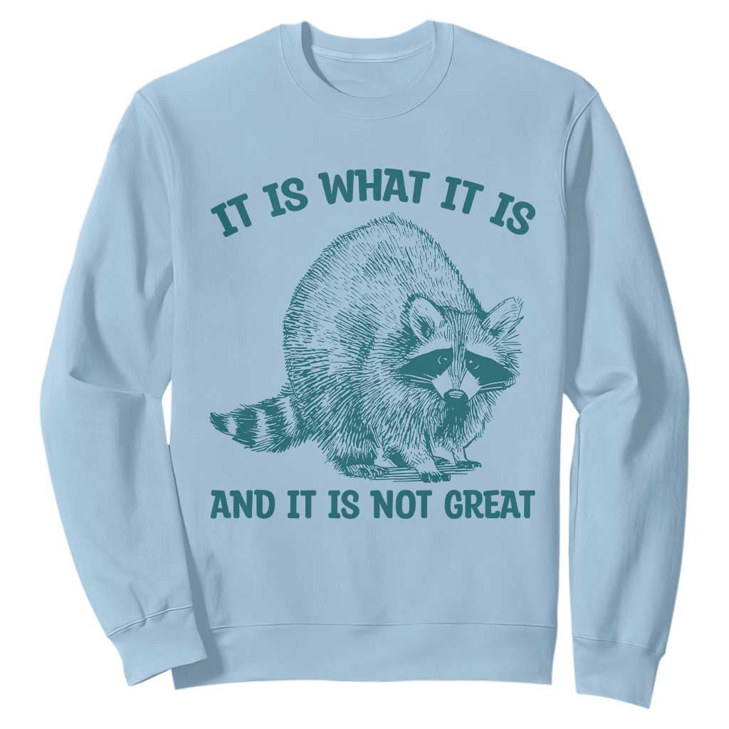 Funny Raccoon Meme It Is What It Is Sweatshirt And It Is Not Great Mental Health Support TS02 Light Blue Print Your Wear