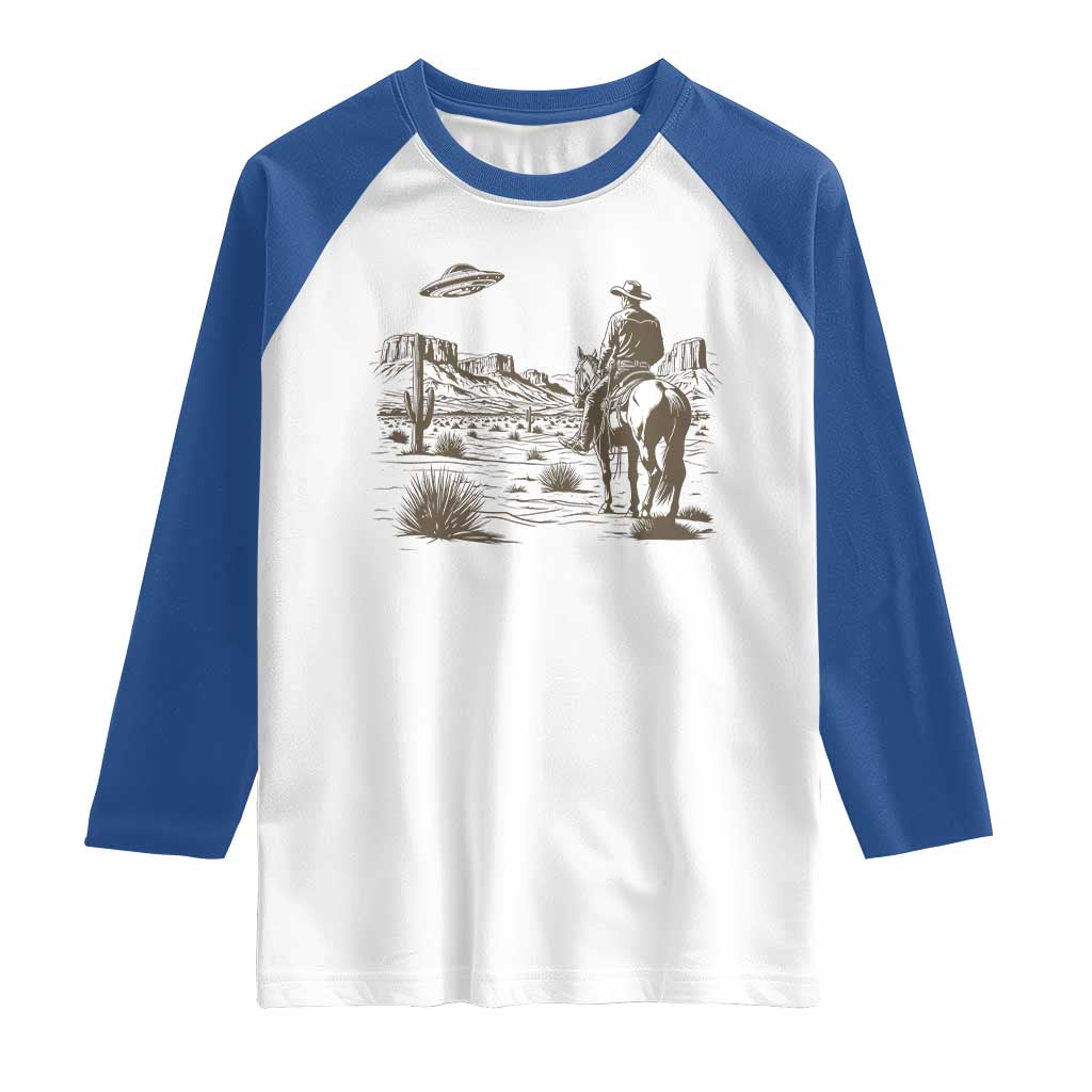 UFO Western Cowboy Raglan Shirt Rodeo Wild West Retro Vintage Graphic TS02 White Royal Print Your Wear
