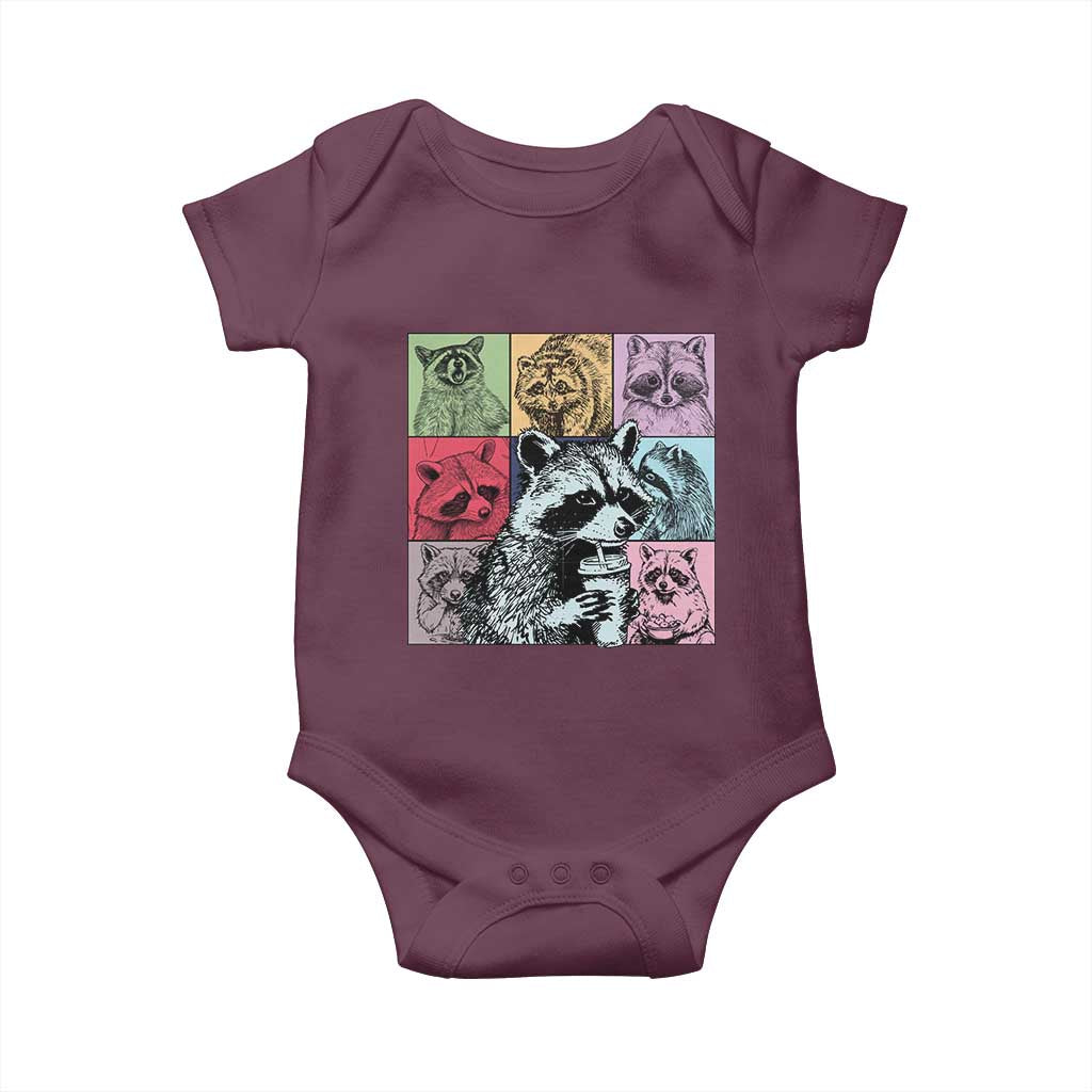 Raccoon Drinking Coffee Graphic Baby Onesie Funny Trash Panda Retro 90s Style TS02 Maroon Print Your Wear