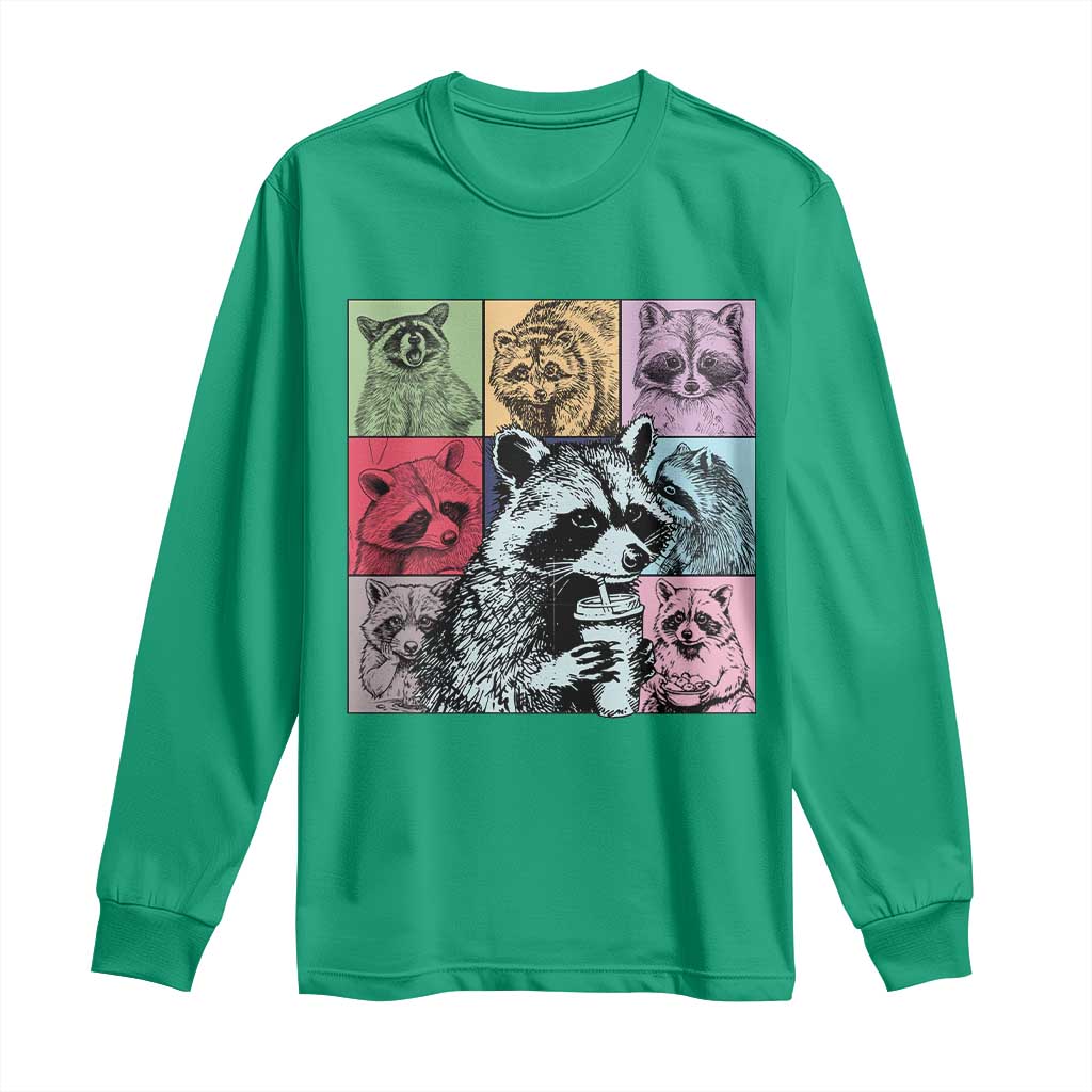 Raccoon Drinking Coffee Graphic Long Sleeve Shirt Funny Trash Panda Retro 90s Style TS02 Irish Green Print Your Wear