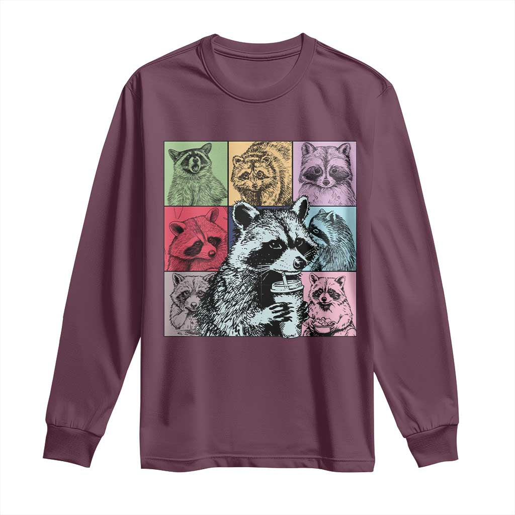 Raccoon Drinking Coffee Graphic Long Sleeve Shirt Funny Trash Panda Retro 90s Style TS02 Maroon Print Your Wear