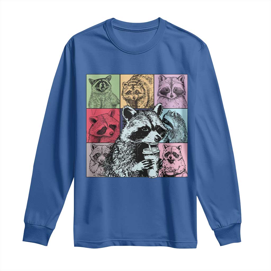 Raccoon Drinking Coffee Graphic Long Sleeve Shirt Funny Trash Panda Retro 90s Style TS02 Royal Blue Print Your Wear