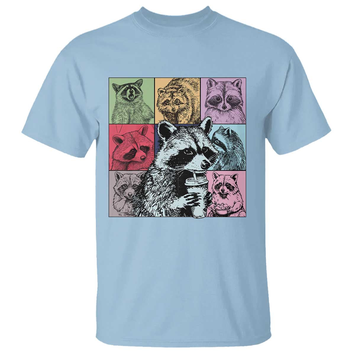 Raccoon Drinking Coffee Graphic T Shirt Funny Trash Panda Retro 90s Style TS02 Light Blue Print Your Wear