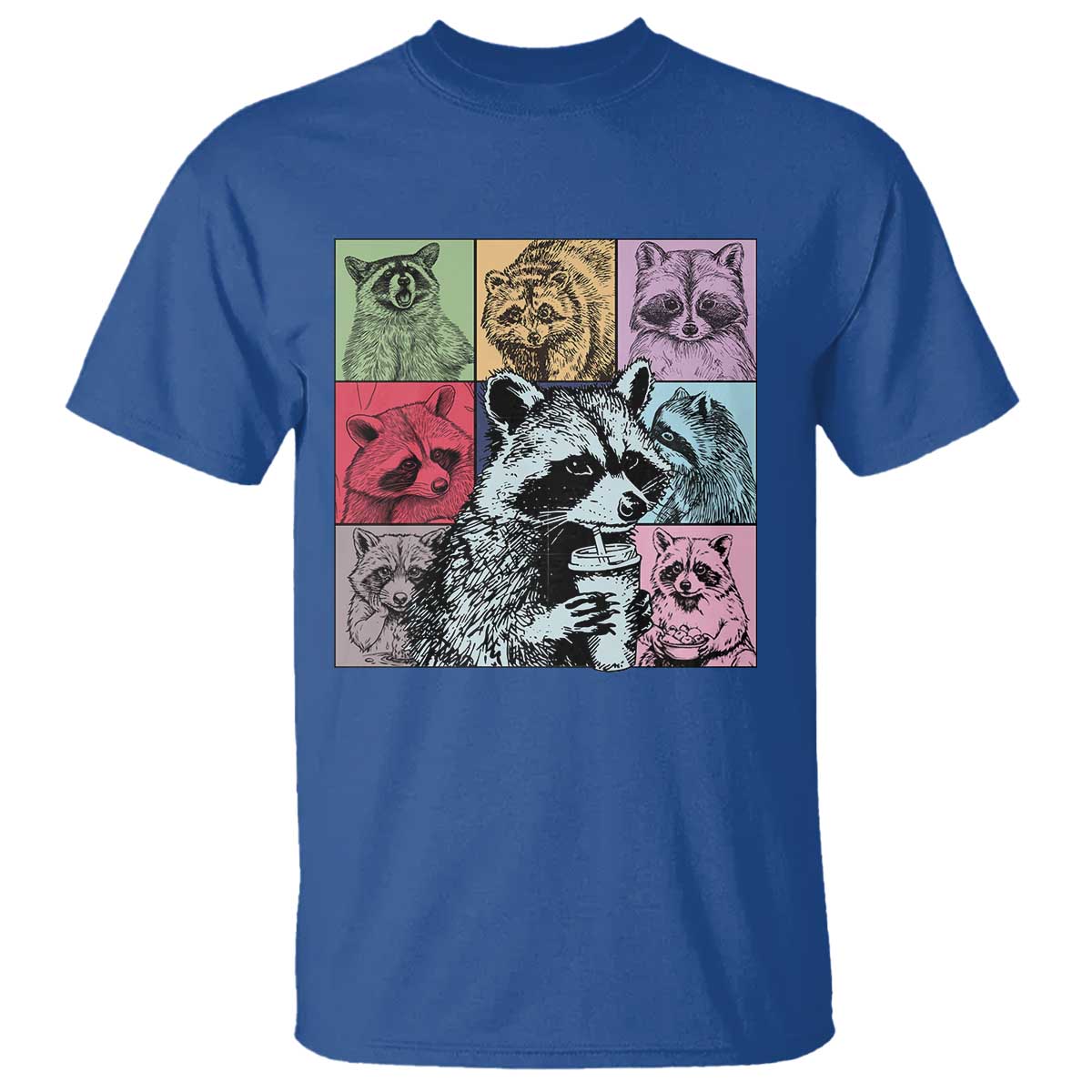 Raccoon Drinking Coffee Graphic T Shirt Funny Trash Panda Retro 90s Style TS02 Royal Blue Print Your Wear