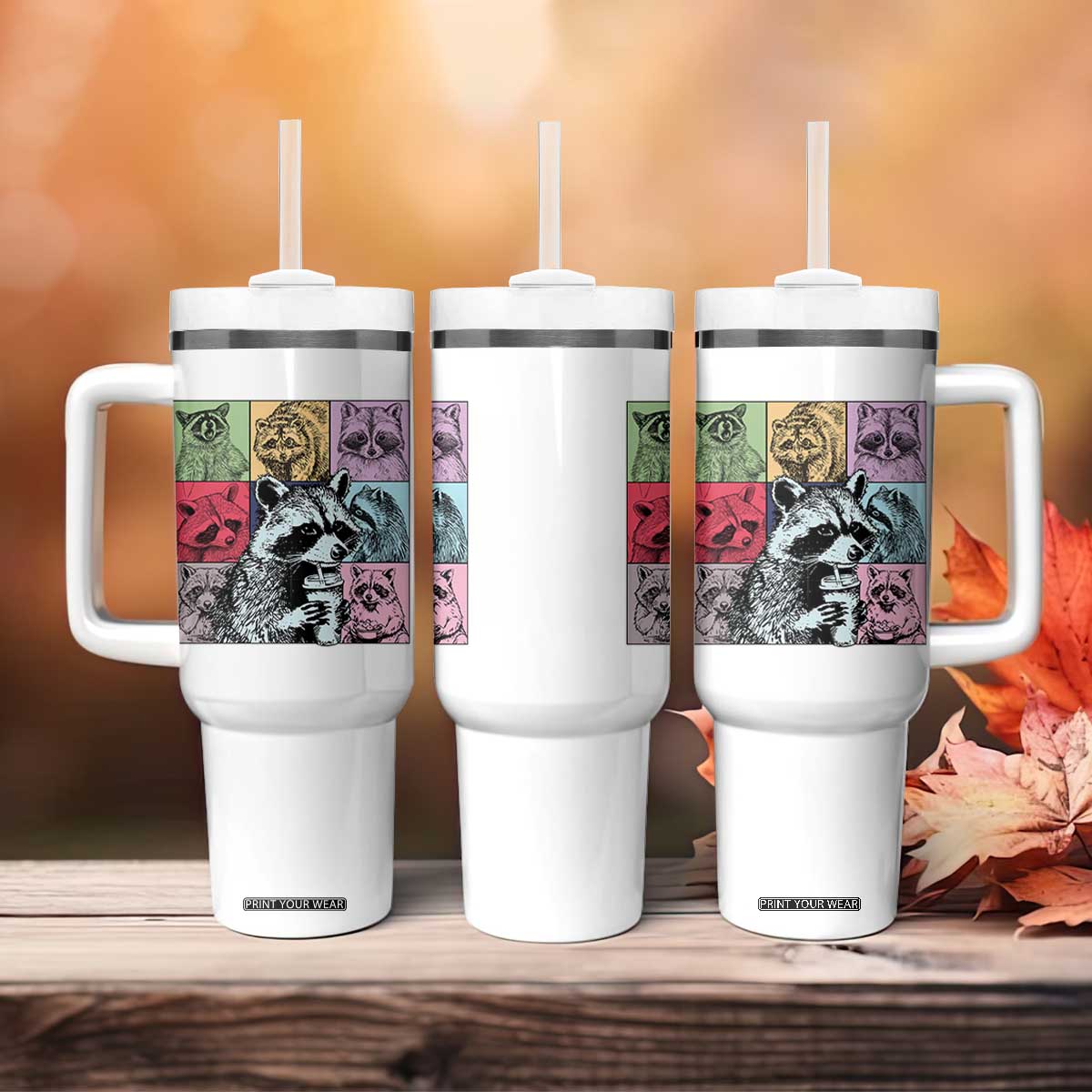 Raccoon Drinking Coffee Graphic Tumbler With Handle Funny Trash Panda Retro 90s Style TS02 Print Your Wear