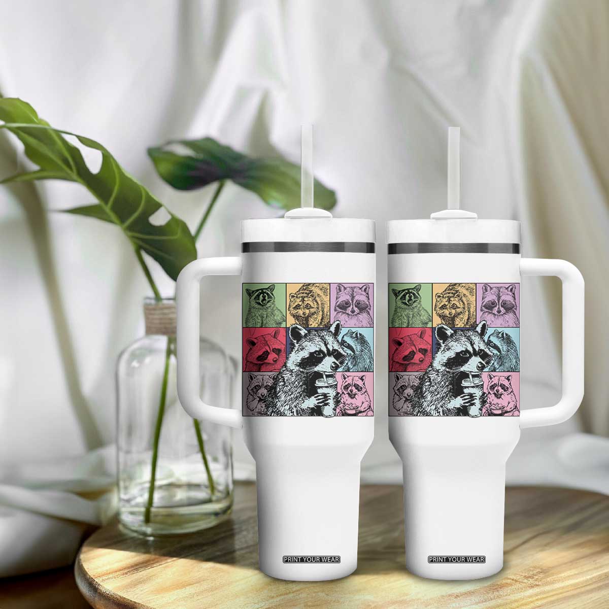 Raccoon Drinking Coffee Graphic Tumbler With Handle Funny Trash Panda Retro 90s Style TS02 Print Your Wear