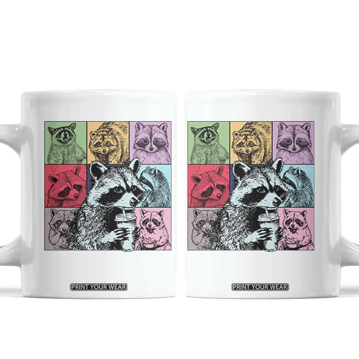 Raccoon Drinking Coffee Graphic Coffee Mug Funny Trash Panda Retro 90s Style TS02 White Print Your Wear