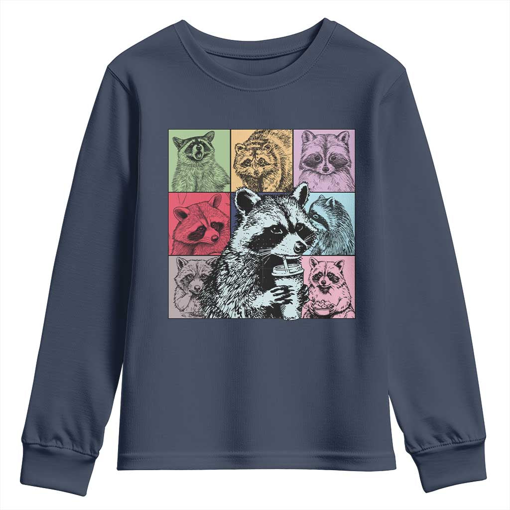 Raccoon Drinking Coffee Graphic Youth Sweatshirt Funny Trash Panda Retro 90s Style TS02 Navy Print Your Wear