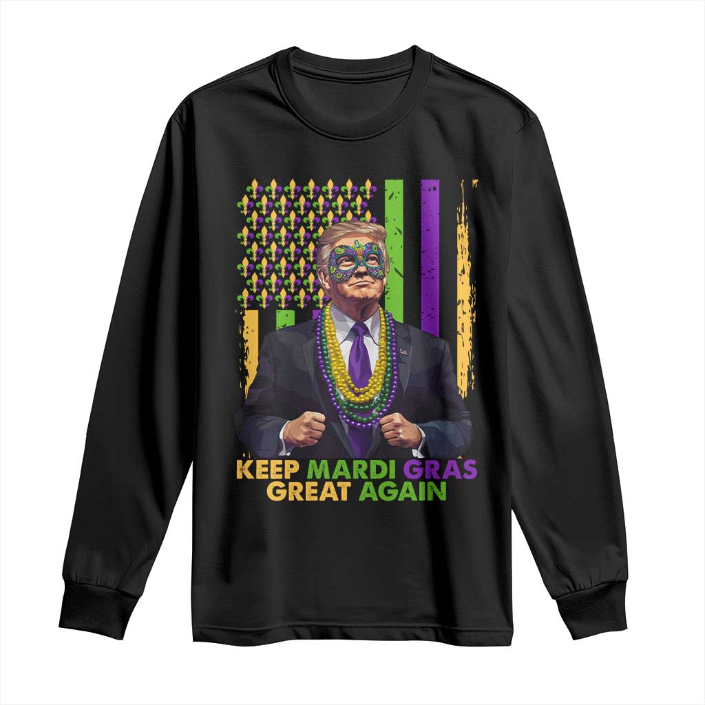 Funny Trump Keep Mardi Gras Great Again Long Sleeve Shirt American Flag Fleur De Lis Beads TS02 Black Print Your Wear