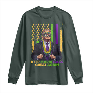 Funny Trump Keep Mardi Gras Great Again Long Sleeve Shirt American Flag Fleur De Lis Beads TS02 Dark Forest Green Print Your Wear