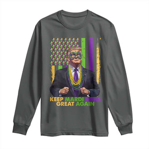 Funny Trump Keep Mardi Gras Great Again Long Sleeve Shirt American Flag Fleur De Lis Beads TS02 Dark Heather Print Your Wear