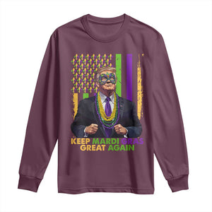 Funny Trump Keep Mardi Gras Great Again Long Sleeve Shirt American Flag Fleur De Lis Beads TS02 Maroon Print Your Wear