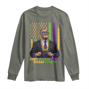 Funny Trump Keep Mardi Gras Great Again Long Sleeve Shirt American Flag Fleur De Lis Beads TS02 Military Green Print Your Wear