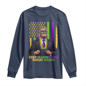 Funny Trump Keep Mardi Gras Great Again Long Sleeve Shirt American Flag Fleur De Lis Beads TS02 Navy Print Your Wear