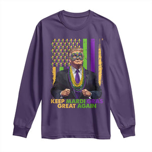 Funny Trump Keep Mardi Gras Great Again Long Sleeve Shirt American Flag Fleur De Lis Beads TS02 Purple Print Your Wear