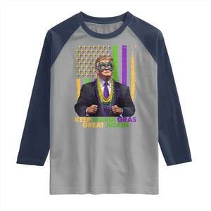 Funny Trump Keep Mardi Gras Great Again Raglan Shirt American Flag Fleur De Lis Beads TS02 Sport Gray Navy Print Your Wear