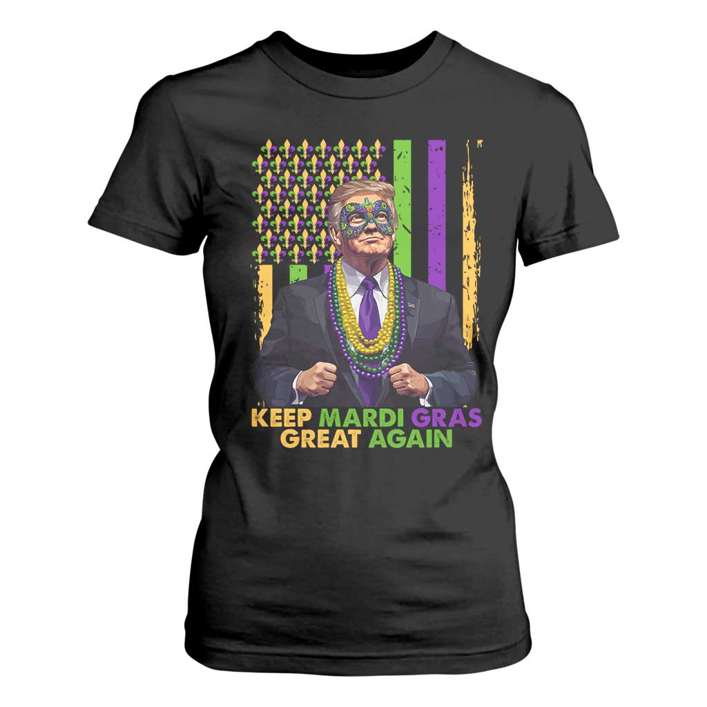 Funny Trump Keep Mardi Gras Great Again T Shirt For Women American Flag Fleur De Lis Beads TS02 Black Print Your Wear