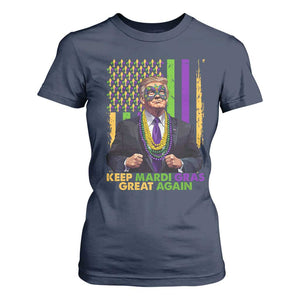 Funny Trump Keep Mardi Gras Great Again T Shirt For Women American Flag Fleur De Lis Beads TS02 Navy Print Your Wear