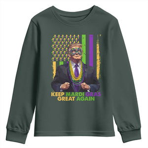 Funny Trump Keep Mardi Gras Great Again Youth Sweatshirt American Flag Fleur De Lis Beads TS02 Dark Forest Green Print Your Wear