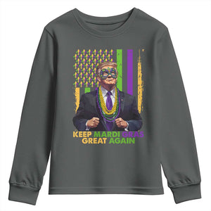 Funny Trump Keep Mardi Gras Great Again Youth Sweatshirt American Flag Fleur De Lis Beads TS02 Dark Heather Print Your Wear