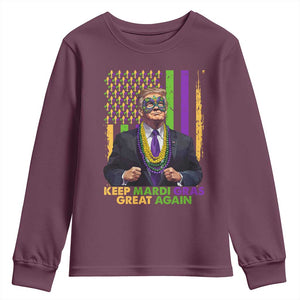 Funny Trump Keep Mardi Gras Great Again Youth Sweatshirt American Flag Fleur De Lis Beads TS02 Maroon Print Your Wear