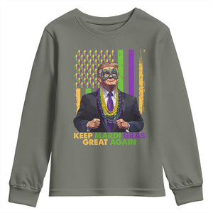 Funny Trump Keep Mardi Gras Great Again Youth Sweatshirt American Flag Fleur De Lis Beads TS02 Military Green Print Your Wear