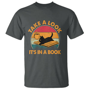 Funny Cat Reading T Shirt Take A Look It's In A Book Vintage Bookworm TS02 Dark Heather Printyourwear