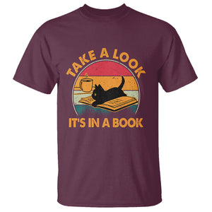 Funny Cat Reading T Shirt Take A Look It's In A Book Vintage Bookworm TS02 Maroon Printyourwear