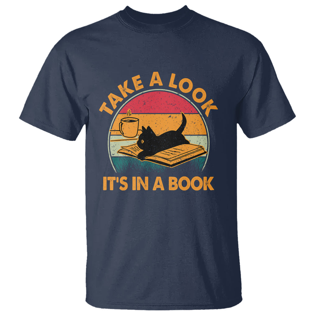 Funny Cat Reading T Shirt Take A Look It's In A Book Vintage Bookworm TS02 Navy Printyourwear