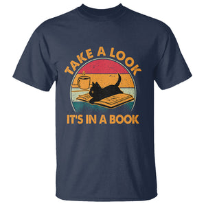 Funny Cat Reading T Shirt Take A Look It's In A Book Vintage Bookworm TS02 Navy Printyourwear