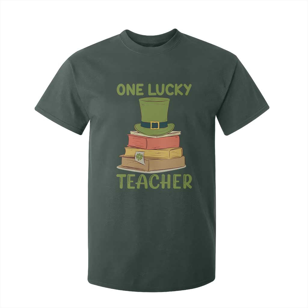 One Lucky Teacher St Patricks Day T Shirt For Kid Lepreachaun Hat with Books Reading TS02 Dark Forest Green Print Your Wear
