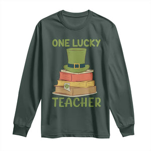 One Lucky Teacher St Patricks Day Long Sleeve Shirt Lepreachaun Hat with Books Reading TS02 Dark Forest Green Print Your Wear