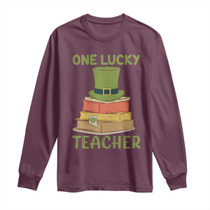 One Lucky Teacher St Patricks Day Long Sleeve Shirt Lepreachaun Hat with Books Reading TS02 Maroon Print Your Wear