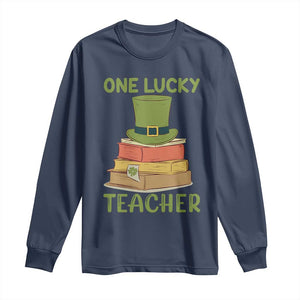 One Lucky Teacher St Patricks Day Long Sleeve Shirt Lepreachaun Hat with Books Reading TS02 Navy Print Your Wear