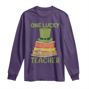 One Lucky Teacher St Patricks Day Long Sleeve Shirt Lepreachaun Hat with Books Reading TS02 Purple Print Your Wear