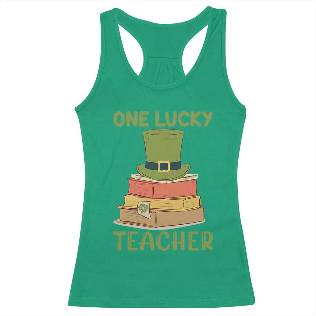 One Lucky Teacher St Patricks Day Racerback Tank Top Lepreachaun Hat with Books Reading TS02 Irish Green Print Your Wear