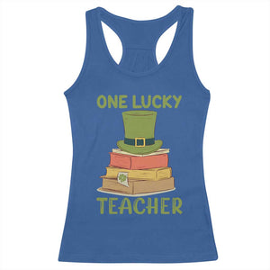 One Lucky Teacher St Patricks Day Racerback Tank Top Lepreachaun Hat with Books Reading TS02 Royal Blue Print Your Wear