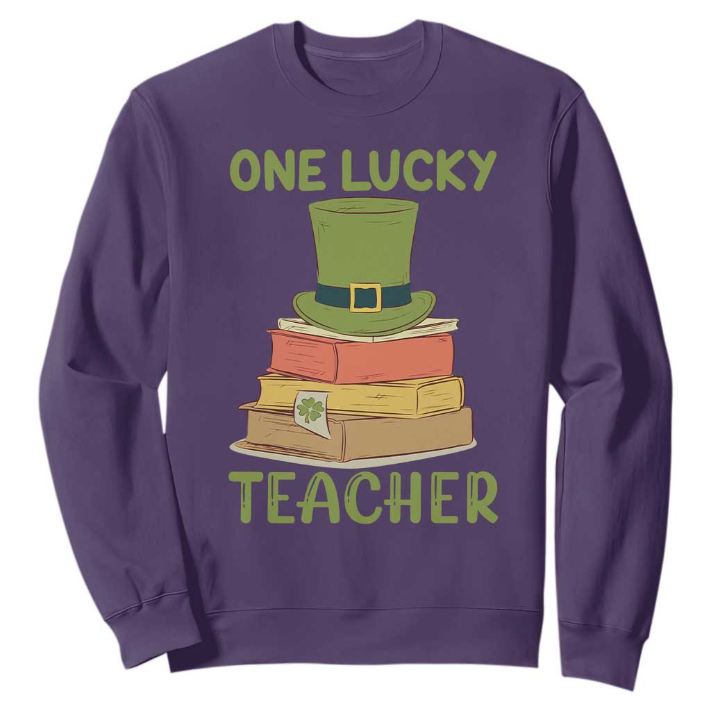 One Lucky Teacher St Patricks Day Sweatshirt Lepreachaun Hat with Books Reading TS02 Purple Printyourwear