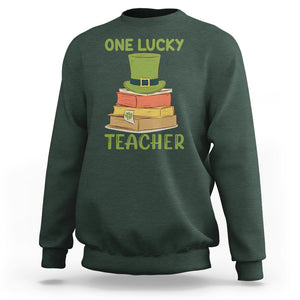 One Lucky Teacher St Patricks Day Sweatshirt Lepreachaun Hat with Books Reading TS02 Dark Forest Green Printyourwear