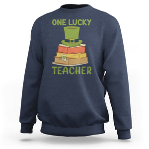 One Lucky Teacher St Patricks Day Sweatshirt Lepreachaun Hat with Books Reading TS02 Navy Printyourwear