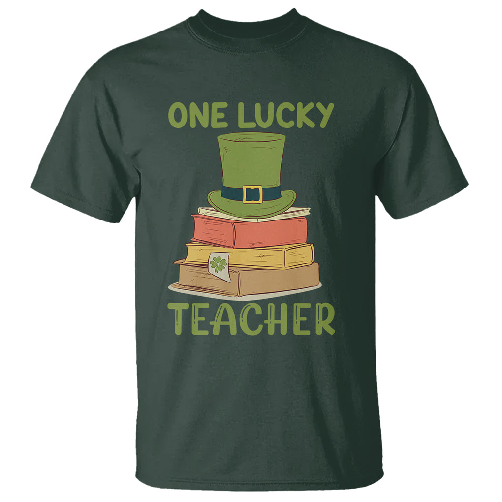 One Lucky Teacher St Patricks Day T Shirt Lepreachaun Hat with Books Reading TS02 Dark Forest Green Printyourwear